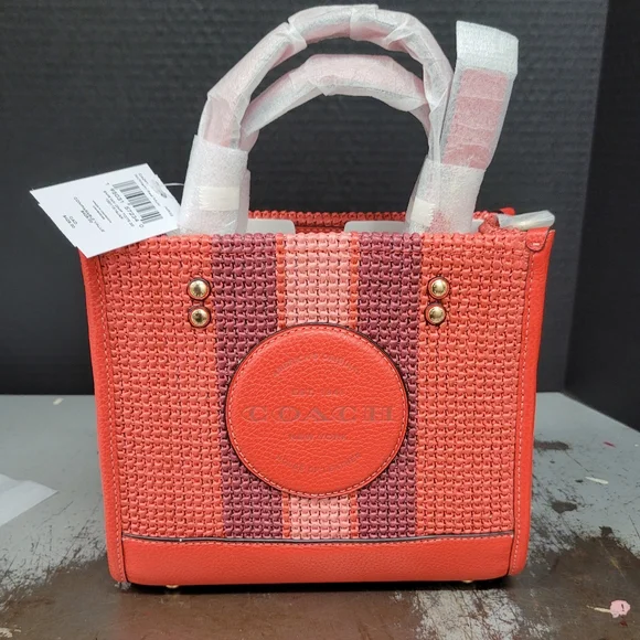 NWT Coach Dempsey Straw Leather Tote 22 with Coach Patch Miami Red CA291 - Picture 3 of 10